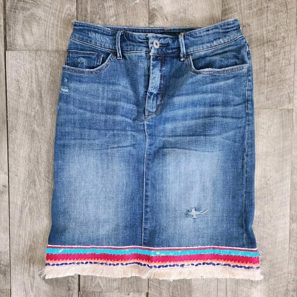 Pilcro Blue Denim Midi Skirt with Multicolor Trim